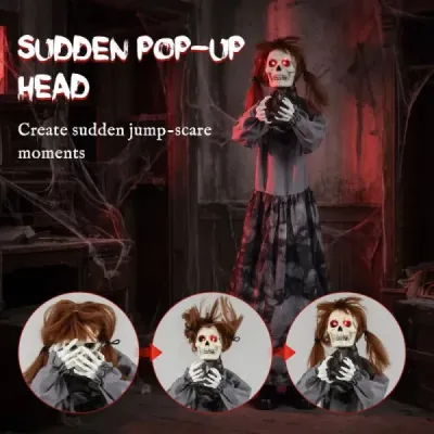 Halloweenska dekorácia: Stojace dievča so strašidelným zvukom, žiariacimi očami a pohyblivými rukami