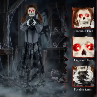 Halloweenska dekorácia: Stojace dievča so strašidelným zvukom, žiariacimi očami a pohyblivými rukami