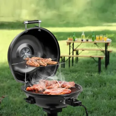 Elektrický gril BBQ, prenosný stojan s odnímateľným nepriľnavým roštom, čierny