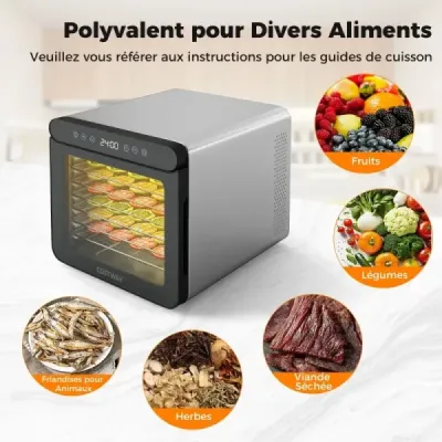 600W dehydrátor so 7 zásobníkmi z nehrdzavejúcej ocele Dehydrátor s časovačom 24 hodín a 30-75 ℃ 34 x 40,5 x 32 cm