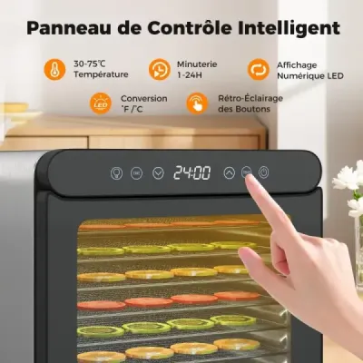 600W dehydrátor so 7 zásobníkmi z nehrdzavejúcej ocele Dehydrátor s časovačom 24 hodín a 30-75 ℃ 34 x 40,5 x 32 cm
