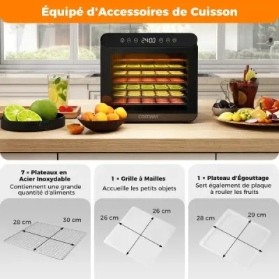 600W dehydrátor so 7 zásobníkmi z nehrdzavejúcej ocele Dehydrátor s časovačom 24 hodín a 30-75 ℃ 34 x 40,5 x 32 cm