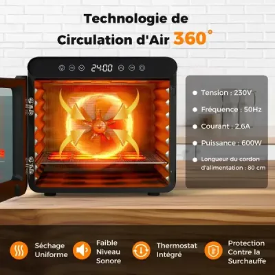 600W dehydrátor so 7 zásobníkmi z nehrdzavejúcej ocele Dehydrátor s časovačom 24 hodín a 30-75 ℃ 34 x 40,5 x 32 cm