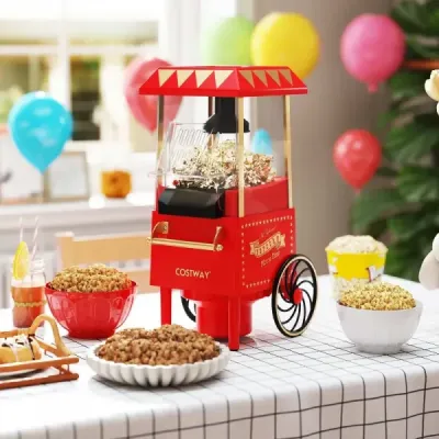 Retro stroj na popcorn 1200 W, stroj na popcorn s horúcim vzduchom s odmerkou 67 ml, bez oleja, červený