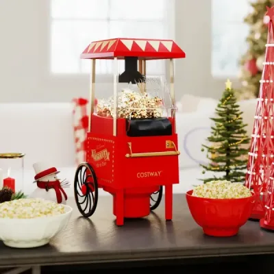Retro stroj na popcorn 1200 W, stroj na popcorn s horúcim vzduchom s odmerkou 67 ml, bez oleja, červený