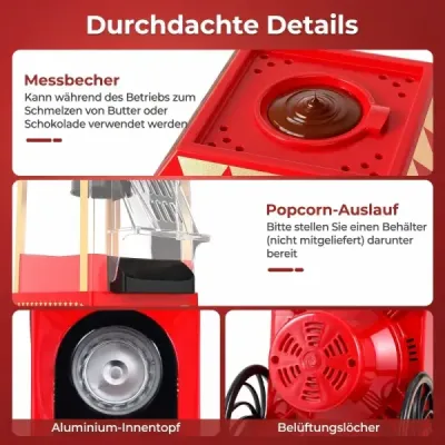 Retro stroj na popcorn 1200 W, stroj na popcorn s horúcim vzduchom s odmerkou 67 ml, bez oleja, červený