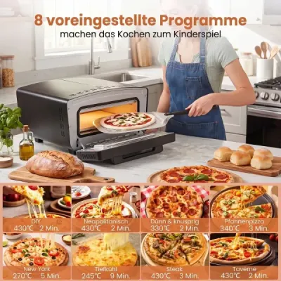 Elektrická pec na pizzu s výkonom 1700 W na 30 cm pizzu, 8 programami a dotykovým displejom