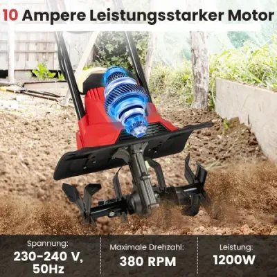 Elektrický kultivátor 1200 W | Pracovná šírka 36 cm | Pracovná hĺbka 22 cm | Skladací záhradný kultivátor 380 ot./min. 36,5 x 24 x 138 cm červený