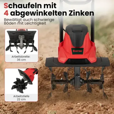 Elektrický kultivátor 1200 W | Pracovná šírka 36 cm | Pracovná hĺbka 22 cm | Skladací záhradný kultivátor 380 ot./min. 36,5 x 24 x 138 cm červený