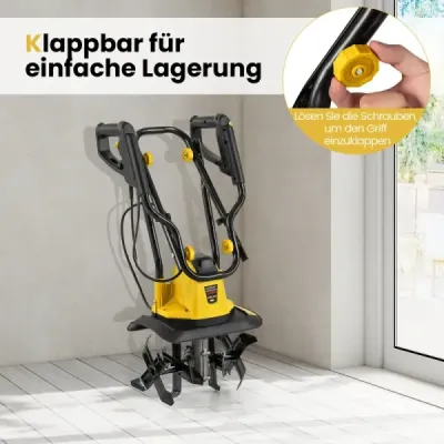 Motorhacke elektrisch 750W | Arbeitsbreite 32 cm | Arbeitstiefe 22 cm | 380 U/min Elektro Bodenhacke mit Schutzschalter 32,5 x 24 x 138 cm Gelb