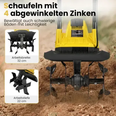 Motorhacke elektrisch 750W | Arbeitsbreite 32 cm | Arbeitstiefe 22 cm | 380 U/min Elektro Bodenhacke mit Schutzschalter 32,5 x 24 x 138 cm Gelb