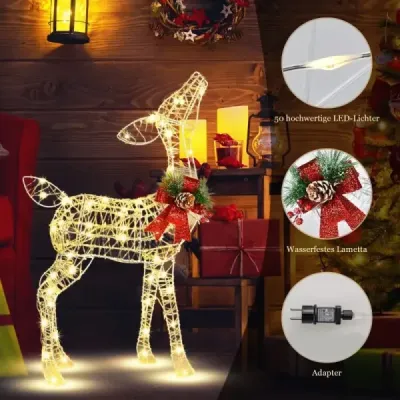 Predsvietený vianočný sob malý záhradný dekor s 50 LED svetlami a 4 kotvami do zeme