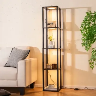 Stojaca lampa 162 cm s policami a stmievateľnými LED svetlami a nožným spínačom, rohová polica
