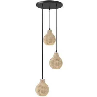 Závesná lampa z boho ratanu s 3 svetlami, ručne tkaný luster z prírodného košíka s nastaviteľnou výškou, béžová