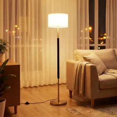 Stojaca lampa 165 cm, stojaca lampa s ľanovým tienidlom, objímkou ​​E27 a nožným spínačom
