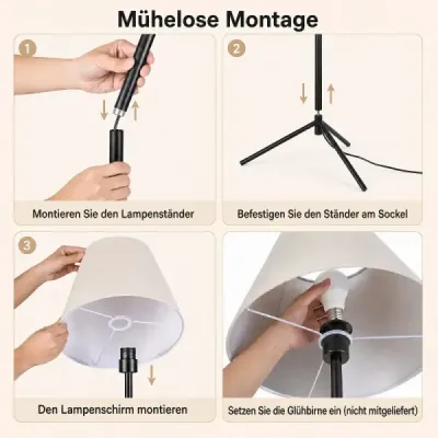 Moderná stojaca lampa s látkovým tienidlom, E 27, s trojnožkovým kovovým podstavcom a nožným vypínačom