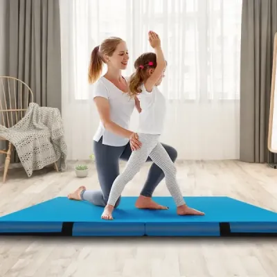 Skladacia gymnastická podložka 122 x 122 x 10 cm hrubá dvojito skladacia gymnastická podložka s poťahom z imitácie kože Modrá