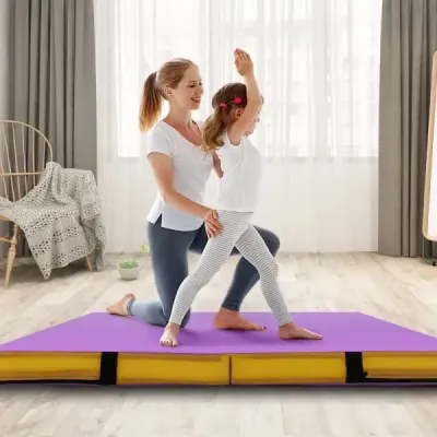 Skladacia gymnastická podložka 122 x 122 x 10 cm hrubá dvojitá skladacia gymnastická podložka s poťahom z imitácie kože Fialová