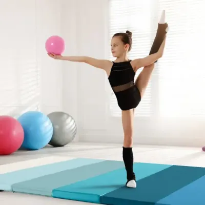Skladacia gymnastická podložka 180 x 120 cm, mäkká podložka na podlahu, gymnastická podložka, 3-krát skladacia, vyrobená z PU s rukoväťou, modrá