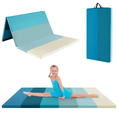 Skladacia gymnastická podložka 180 x 120 cm, mäkká podložka na podlahu, gymnastická podložka, 3-krát skladacia, vyrobená z PU s rukoväťou, modrá