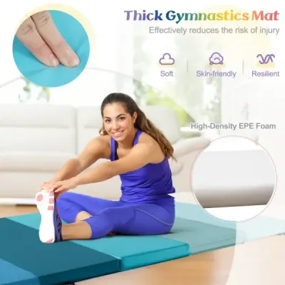 Skladacia gymnastická podložka 180 x 120 cm, mäkká podložka na podlahu, gymnastická podložka, 3-krát skladacia, vyrobená z PU s rukoväťou, modrá