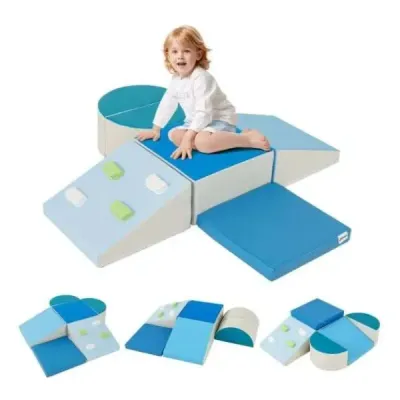 6 TLG. Detské penové stavebnice s lezeckou skalou na lezenie a plazenie Mäkké stavebnice modré
