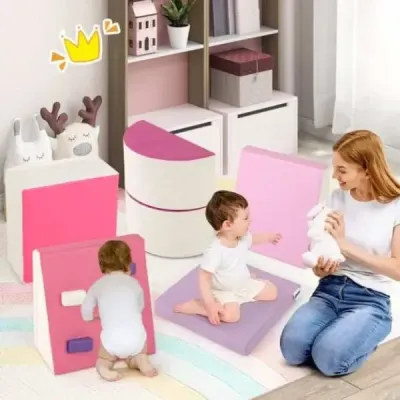 6 TLG. Detské penové stavebnice s lezeckou skalou na lezenie a plazenie Mäkké stavebnice Ružová