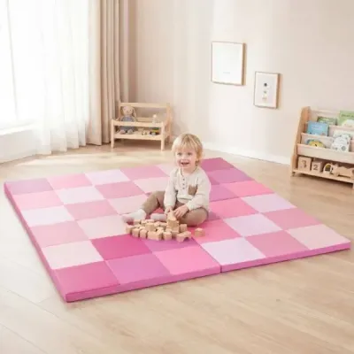 Dvojdielna skladacia podložka na lezenie pre bábätká s lezeckým zapínaním a podložkou z umelej kože a peny, ružová