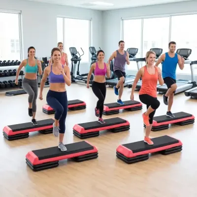 Aerobný stepper s nastaviteľnou výškou, fitness stepper so 4 opornými blokmi, štruktúrovaný povrch, červený