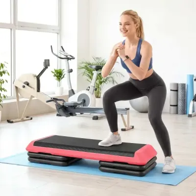 Aerobný stepper s nastaviteľnou výškou, fitness stepper so 4 opornými blokmi, štruktúrovaný povrch, červený