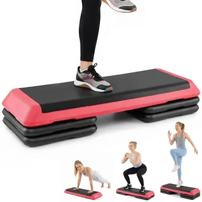 Aerobný stepper s nastaviteľnou výškou, fitness stepper so 4 opornými blokmi, štruktúrovaný povrch, červený