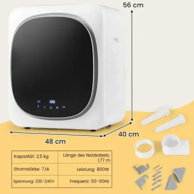 Mini sušička bielizne 5 kg s dotykovým displejom LED a dezinfekciou a dezodorizáciou Sušička odsávaného vzduchu