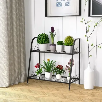 Polica na rastliny 2-úrovňový kovový stojan na rastliny 63 X 30,5 X 61,5 cm čierna