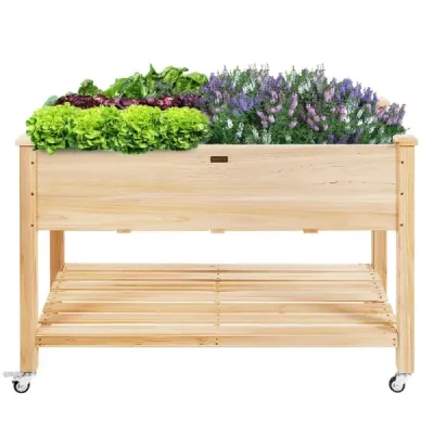 Vyvýšený záhradný záhon Drevený box na sadenie s uzamykateľnými kolieskami 120 x 59 x 84 cm Prírodný
