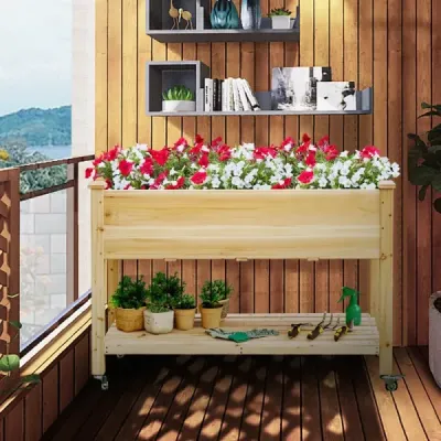 Vyvýšený záhradný záhon Drevený box na sadenie s uzamykateľnými kolieskami 120 x 59 x 84 cm Prírodný
