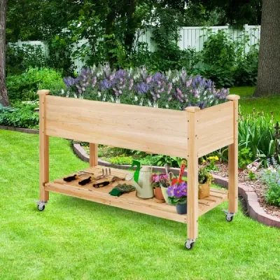 Vyvýšený záhradný záhon Drevený box na sadenie s uzamykateľnými kolieskami 120 x 59 x 84 cm Prírodný