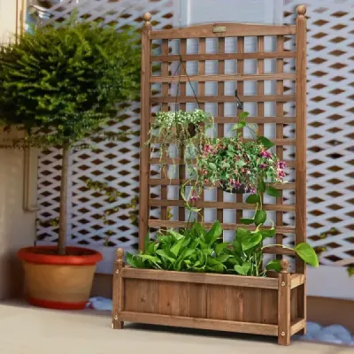 Kvetinový box s mriežkou Drevený kvetináč na popínavé rastliny Zvýšený záhon s mriežkou 64,5 x 28 x 120 cm Hnedý