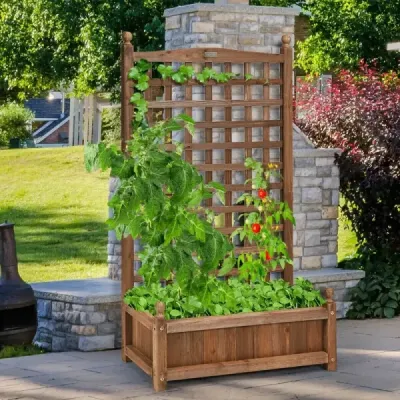 Kvetinový box s mriežkou Drevený kvetináč na popínavé rastliny Zvýšený záhon s mriežkou 64,5 x 28 x 120 cm Hnedý