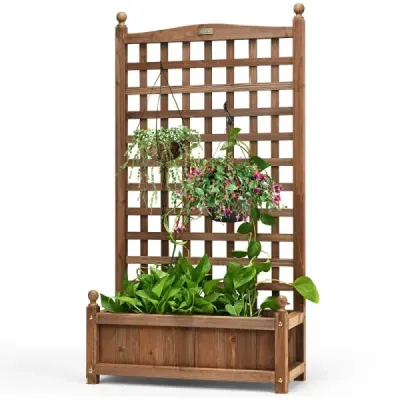 Kvetinový box s mriežkou Drevený kvetináč na popínavé rastliny Zvýšený záhon s mriežkou 64,5 x 28 x 120 cm Hnedý