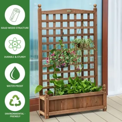 Kvetinový box s mriežkou Drevený kvetináč na popínavé rastliny Zvýšený záhon s mriežkou 64,5 x 28 x 120 cm Hnedý