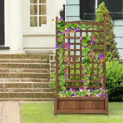 Kvetinový box s mriežkou Drevený kvetináč na popínavé rastliny Zvýšený záhon s mriežkou 64,5 x 28 x 120 cm Hnedý