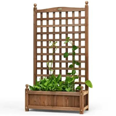Kvetinový box s mriežkou Drevený kvetináč na popínavé rastliny Zvýšený záhon s mriežkou 64,5 x 28 x 120 cm Hnedý