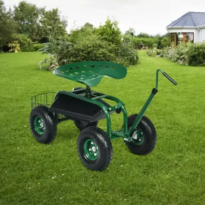 Pojazdné sedadlo s kolieskami a výsuvnou rukoväťou a košom Otočný záhradný vozík o 360° Záhradné sedadlo 96,5 x 47,5 x 47-55 cm