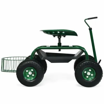 Pojazdné sedadlo s kolieskami a výsuvnou rukoväťou a košom Otočný záhradný vozík o 360° Záhradné sedadlo 96,5 x 47,5 x 47-55 cm