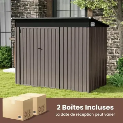 Kovový záhradný domček s prednými dverami a bočnými dverami a jednoplášťovou strechou Prístrešok na náradie 235 x 117 x 185 cm Svetlo hnedý