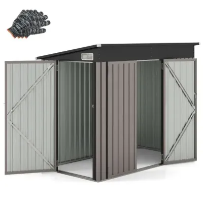 Kovový záhradný domček s prednými dverami a bočnými dverami a jednoplášťovou strechou Prístrešok na náradie 235 x 117 x 185 cm Svetlo hnedý