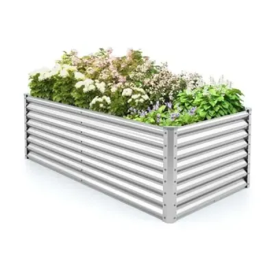 Kovový vyvýšený záhon Box na sadenie Obdĺžnikový studený rám so zosilnenými tyčami a otvorenou základňou 180 x 95 x 60 cm Strieborná