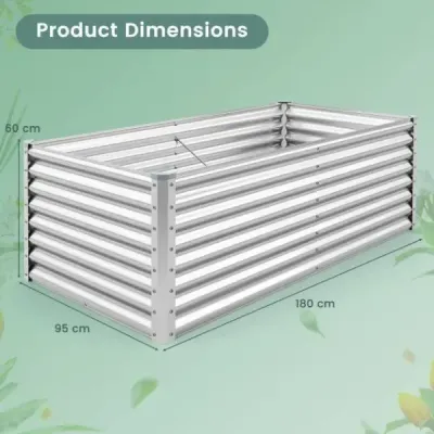 Kovový vyvýšený záhon Box na sadenie Obdĺžnikový studený rám so zosilnenými tyčami a otvorenou základňou 180 x 95 x 60 cm Strieborná