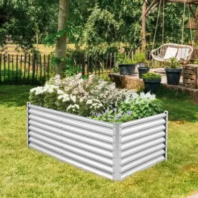 Kovový vyvýšený záhon Box na sadenie Obdĺžnikový studený rám so zosilnenými tyčami a otvorenou základňou 180 x 95 x 60 cm Strieborná