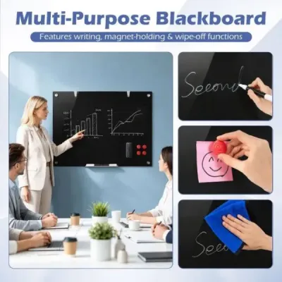 Sklenená magnetická tabuľa 60 x 90 cm, magnetická stena, na ktorú sa dá písať a z ktorej sa dá zotrieť, bezrámová, čierna